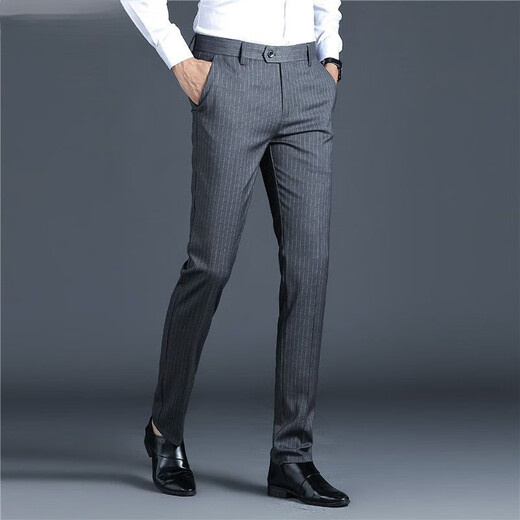 Romon (Romon) pantalon pour les affaires décontractées des affaires pour hommes et version coréenne polyvalente mince automne pantalon droit britannique rayures hommes 9902 Black épais style 33 [140-150jin [Jin est égal à 0,5 kg]]]