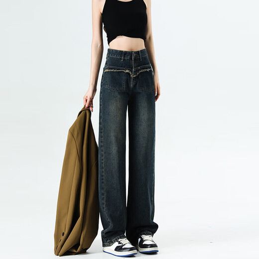 
Cement gray pocket bristled straight-leg pants 2025 new loose wide-leg jeans high-waisted floor pants #9901 Cement gray Regular 28 (recommended 105-115Jin [Jin equals 0.5 kg])