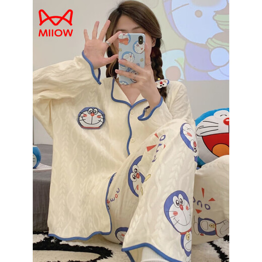 Miiow King Catman Elvis Pure Cotton Pyjamas für Frauen Frühling und Herbst Neue Langarmhosen Loose Strickwind Sweet Cartoon niedliche Heimkleidung Set 9215 m [Vorgeschlagen 80-100Jin [Jin gleich 0,5 kg]]
