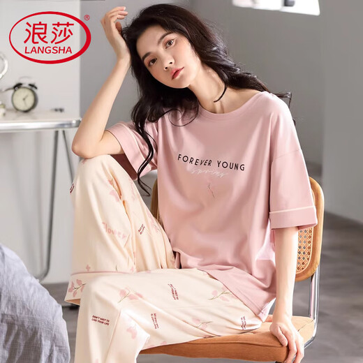 Langsha light luxury pajamas for women in summer 2025 new pure cotton thin loose home clothes short-sleeved trousers casual and can be worn outside Fentenkan 7374 M [recommended 80-105Jin [Jin equals 0.5 kg]]