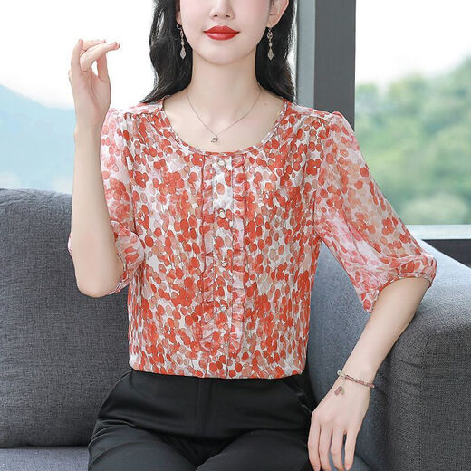 Mamas Sommer-Blumen-Chiffon-Hemd für das Kurzarmtemperament und das altersreduzierende Druckhemd dünne lose lose obere modische grüne XL mit mittlerem Alter [vorgeschlagen 120-130jin [Jin entspricht 0,5 kg]]