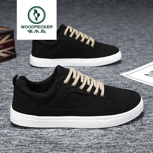 Woodpecker Chaussures pour hommes noirs 2025 Printemps Nouveaux chaussures de toile à tendance épaisses Chaussures de style coréen pour hommes Chaussures de planche 6636 Black and White 42