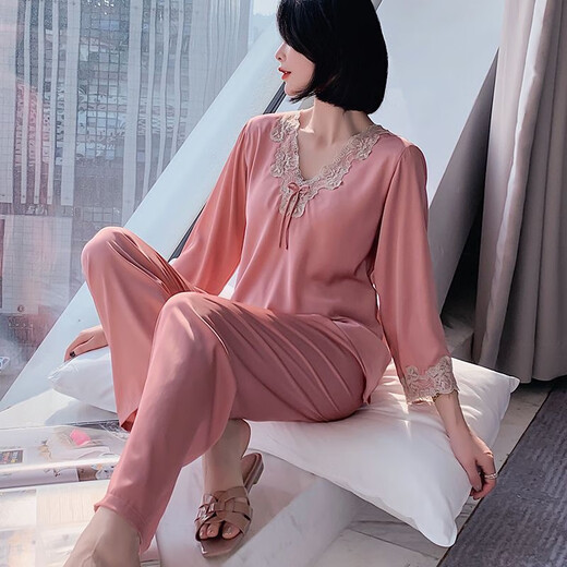 Ran Yilan Pyjamas für Frauen im Frühjahr und Herbst, langärmelte Ice Seide sexy neue Frauen zweiteilige Studentin Korean Cute Home Clothes Longleved 9856 Hell Pink Set 10xl M70-100jin [Jin gleich 0,5 kg]