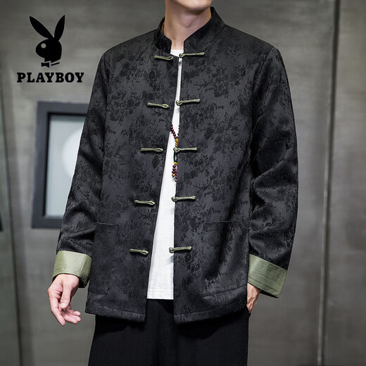 花花公子（PLAYBOY）新中式唐装男中国风秋冬季长袖夹克复古盘扣汉服宽松大码男士外套 Y756黑色 L 120-135斤