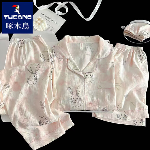 Woodpecker Japanese ins style summer short-sleeved pajamas for women pure cotton gauze three-piece set cute cartoon outside home clothes Yunduo Cotton-9906# Star Puppy Three-piece Set M [Suggested 75-100Jin [Jin equals 0.5 kg]]