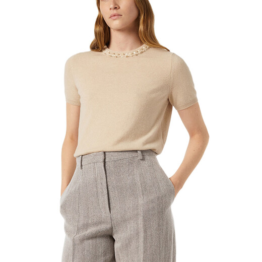 Loro Piana/诺悠翩雅LP女装短袖毛衣山羊绒罗纹针织圆领短款套头衫2025新款 米色 XXS