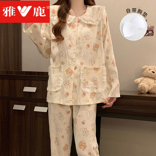 Yalu Breast Pad Pyjamas für Frauen im Frühjahr und Herbst langärmelte süße und niedliche Strickjacke Yunduo Dünne Sommer-Heimkleidung Set A7027 mit festem Brustpolster M Empfohlen 80-100jin [Jin entspricht 0,5 kg]