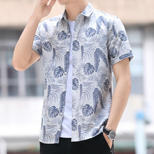 老爷车短袖花衬衫男2025新款夏季薄款修身半袖休闲沙滩衬衣韩版潮流寸衫 ZZ829兰色 L 90-108斤