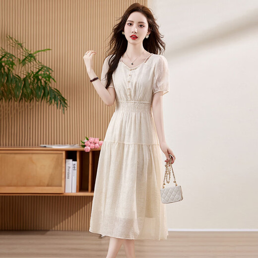 TJQ ​​​​Luxus-High-End-Markenkleid für Damen im neuen Sommerstil 2025, atemberaubender rosa bedruckter Taillen-Schlankheitsrock, cremefarbenes M empfohlen 105Jin Jin entspricht innerhalb von 0,5 kg