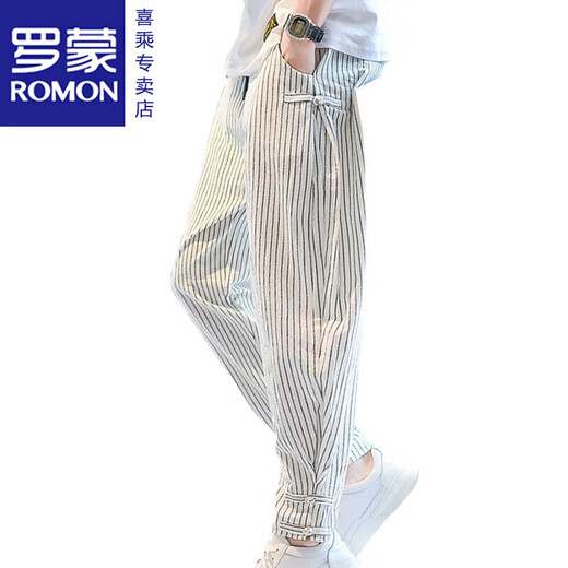 罗蒙（ROMON）裤子男夏季潮牌国潮运动长裤束脚哈伦条纹男裤休闲裤亚麻九分裤 白色 XL 125-140斤