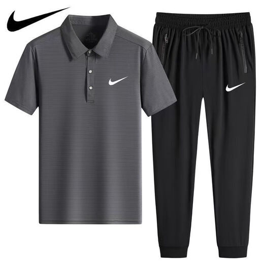 NBA Nike-Nike Summer Bing Polo de seda Polo de secado rápido Traje de manga corta de manga corta Pantalones de solapa delgada de dos piezas Nike-Dark Grey (Suit de pie) 1396 Nike-XL 120-140Jin [Jin equivale a 0.5 kg]