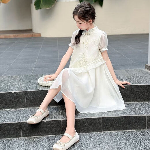 Nuevo estilo de vestido chino para niñas para niñas de moda y de moda Summer Nuevo chino Sweet Children's Vestido Off White 170