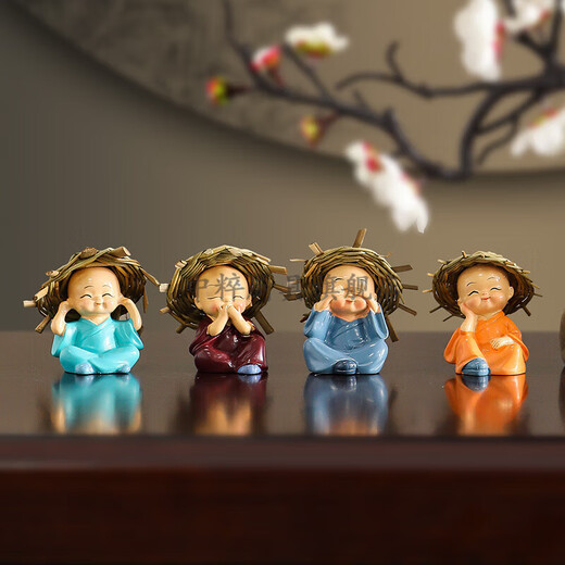 Chinese Zen Four Little Monk Tea Table Ornaments Tea Pet Accessories Decoration Tea Table Coffee Table Office Desktop Small Furnishings Straw Hat - Little Monk Playing Music, Chess, Calligraphy and Painting (Set of 4)