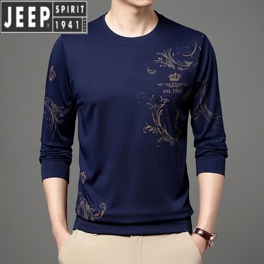 JEEP SPIRIT中青年男士夏季冰丝长袖t恤薄款圆领2025新款中年男打底衫体恤潮 B6627上青 M 165/105/48100-120斤