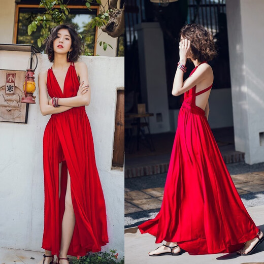
VZVY big red bohemian super fairy beach long dress for women summer Hainan Sanya Thailand beach vacation suspender dress Red 9720# S