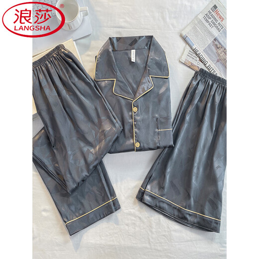 LangSha high-end pajamas men's summer ice silk three-piece set short-sleeved thin men's imitation silk cool feeling can be worn outside 5008 Tingwu gray ice silk three-piece set L men's