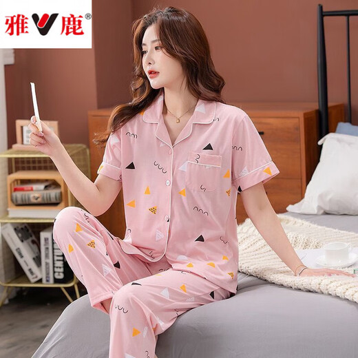 雅鹿100纯.棉睡衣女士夏季薄款短袖七分裤夏天家居服套装 6624 高品质纯棉 XXXL 150斤一165斤