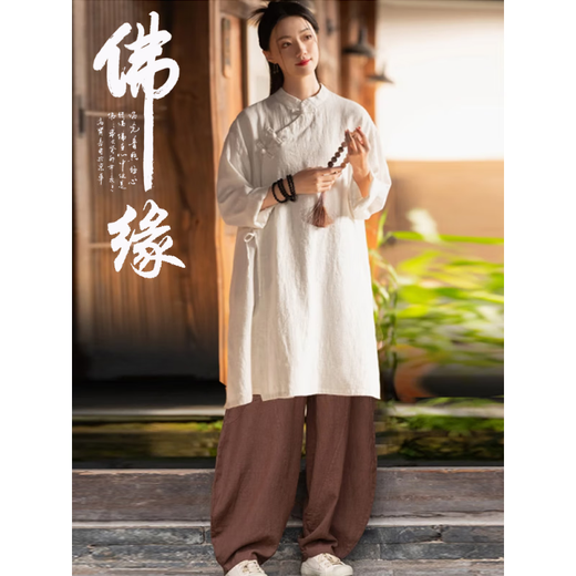 禅服女士寺院居士服棉麻套装禅意佛系女装长袍寺庙拜佛素衣疗愈师 【套装】禅紫上衣+麻色直筒裤6189# S