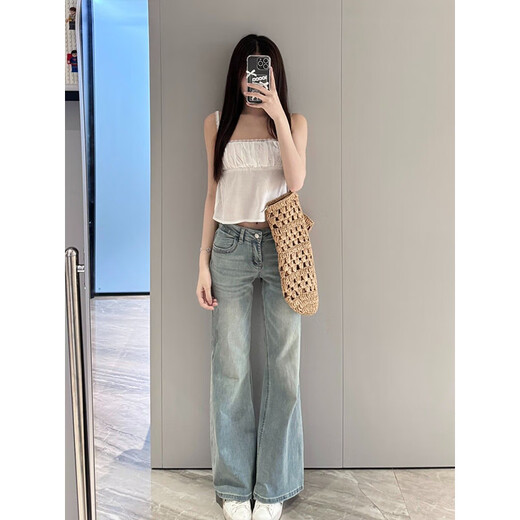 灿图浅色窄版微喇牛仔裤女夏季新款高腰修身显瘦小个子阔腿微喇休闲裤 浅蓝色 M 【建议90-110斤】