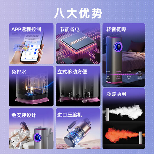 AIRPLUS mobile air conditioner, heating and cooling machine portable compression mechanism air conditioner, household kitchen, living room rental room air conditioner without external unit drainage and installation, small 1 pc [New upgrade of heating and cooling] light sound cooling