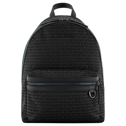 Emporio Armani JACQUARD Brand Classic Printed Zipper Close Cotton Backpack Men's Black Basic Pack (Bake + Dust Bag)
