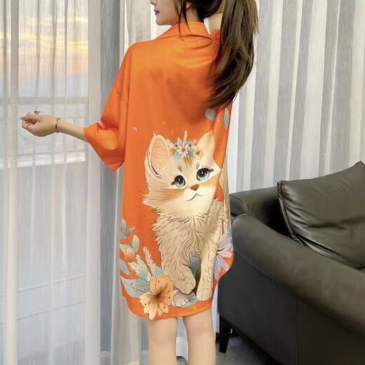 汀泺睡裙女士夏季性感冰丝纯欲风睡衣加大码家居服女大学生连衣裙青年 719橘色猫咪[单件裙] M [80-100斤]
