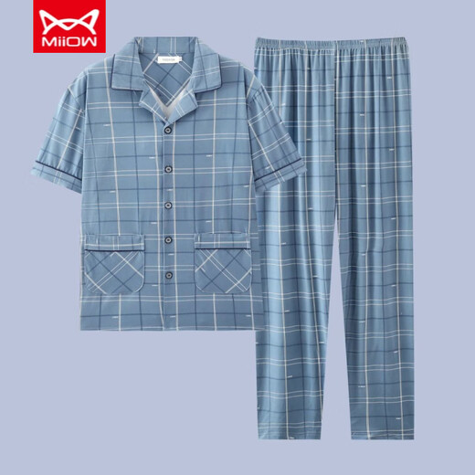 Catman (Miiow) Herren-Pyjamas Sommer reines Baumwoll-Kurzärmel-Hosen Frühling dünne Strickjäe Teenager Großgröße Lose Home Clothing Set G3881 Blau (kurzärmelig) l [Empfohlen 100-120 Jin [Jin gleich 0,5 kg]]