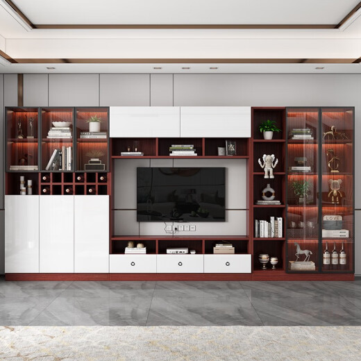TV cabinet background wall cabinet integrated solid wood storage cabinet storage cabinet customized living room TV cabinet Jiangyuyuan style 14380*210*35cm door-to-door installation
