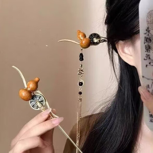 CHUXIANG creative faucet sandalwood hairpin with funny design gold hairpin new Chinese style hairpin as a gift for besties Ancient style gourd coin hairpin with tassels A16-304