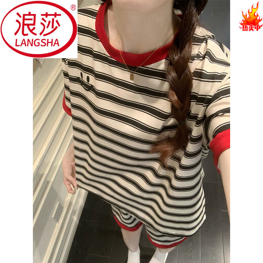LangSha Korean striped smiley pajamas for women in summer thin simple style short sleeve shorts for wear outside 2025 new home clothing 1416 striped smiley face L