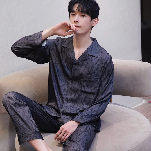 梦特娇（MONTAGUT）2025年新款睡衣男春秋冰丝长袖开衫翻领可外穿感家居服条纹夏 xe双长6627#流星男 L