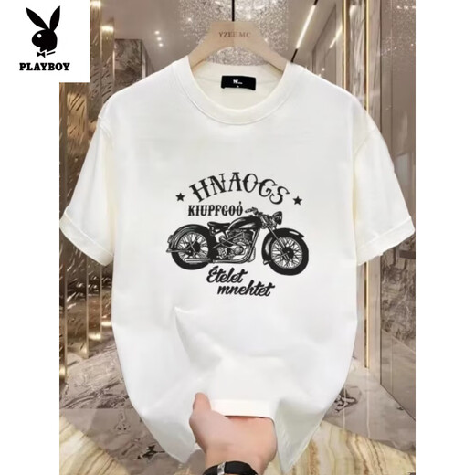 
Playboy (PLAYBOY) heavy fun short-sleeved T-shirt for men in summer pure cotton retro motorcycle printing front shoulder round neck half-sleeved T-shirt for men V683 black M