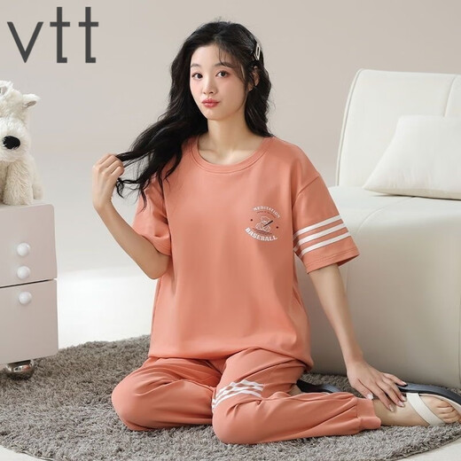 
VTT pajamas for women in summer pure cotton short-sleeved trousers thin cotton summer round neck home clothing set can be worn outside V short-sleeved trousers: YZT9720 M