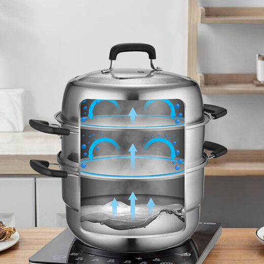 Aistar steamer household thickened double bottom stainless steel food grade steamer steamer induction cooker gas universal ZS30Z1Q 304 stainless steel 3 layers 30cm