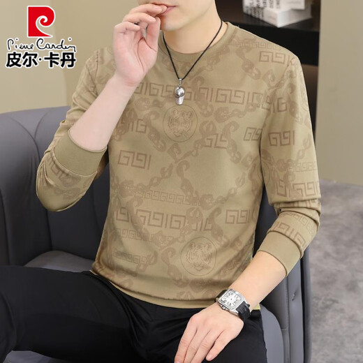 皮尔卡丹（pierre cardin）2025春秋新款男士长袖T恤欧货潮男帅气时尚卫衣加大码打底衫体恤 【春秋】6626卡其 薄款 M 90-115斤