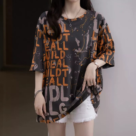 古阑迪莉2025女士短袖高档女时尚一点胖妹妹遮肚夏装微胖mm圆领T恤加肥加 9928灰色 M 80-95斤