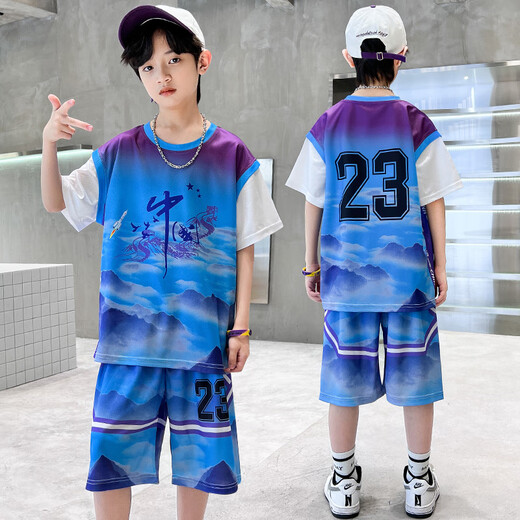 男童夏装球服套装洋气儿童夏季篮球服中大童运动短袖速干衣中国风 DMG-9905-地球球服-蓝色 120 建议身高110cm