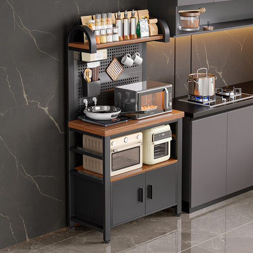 Mansfield kitchen storage rack multi-functional perforated board multi-layer storage storage rack floor-standing integrated wall-mounted microwave oven workbench socket type + full set of accessories black walnut color 60