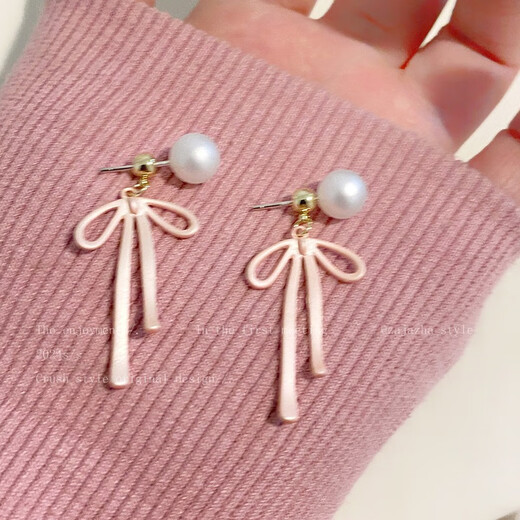 Pink bow imitation pearl earrings for women, light luxury and high-end back-hanging earrings, sweet pierced earrings, earrings, Parisian dance bow-ear clips