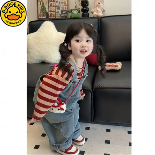 G.DUCKKIDS Little Yellow Duck Girls Denim Overalls Suit Spring Korean Retro Two-piece Set for Baby Girls Western Cute Tops Set Retro Blue Denim Overalls + Stripes 80