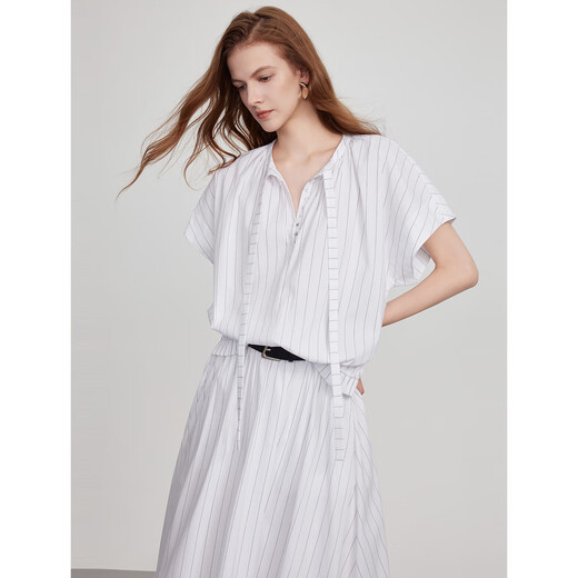
ELLE slack lace-up striped shirt for women 2025 summer new loose casual niche commuter style shirt white L