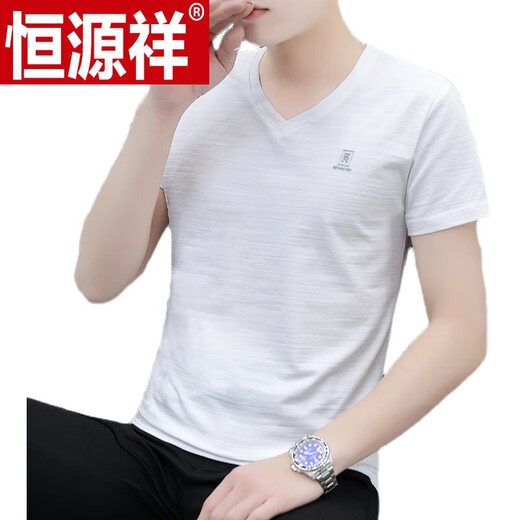 恒源祥夏季短袖Tt恤男V领修身V领潮100%纯棉冰丝R标志半袖 透气I白色691款 M 90-115斤