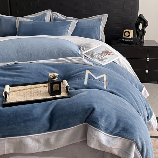 Nanjiren Jiangsu Nantong milk velvet four-piece set Class A maternal and infant grade double-sided velvet baby velvet coral velvet wide-brimmed quilt cover Maria Velvet - Bentley Blue + Star Gray Sheet Style 1.8m Four-piece Set - Quilt Cover 200x230cm