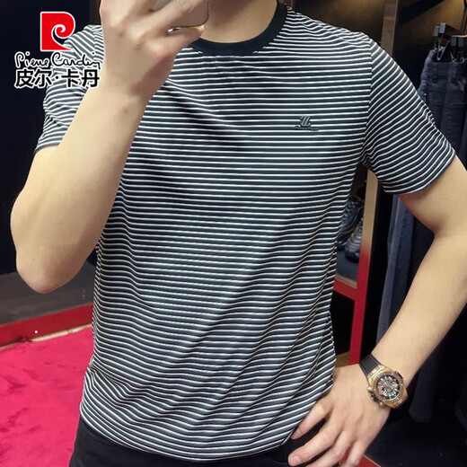
Pier Cardin summer 2025 round neck striped short-sleeved men's T-shirt casual half-sleeved slim base shirt sports T-shirt trend 9901 black M suggests 90-115Jin [Jin equals 0.5 kg]