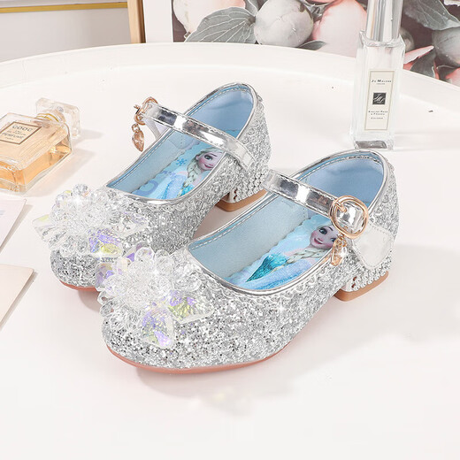 Meiyi Tong 2025 Spring and Autumn New Thick Heel Princess Shoes Cartoon Princess Elsa Mary Jane Shoes Girls Crystal Sequins Blue 28 Inner Length 17.5cm