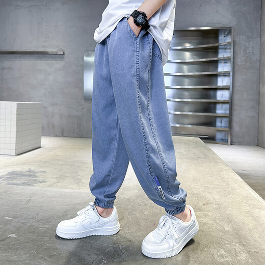 Pantalones de verano para niños Jeans delgados de tenis 2025 Summer Nuevos pantalones de mosquito de seda para niños repelentes al altura del altura delgada y transpirable Py-2575 Mosquito repelente de mezclito-Azul 140 Altura recomendada alrededor de 135 cm
