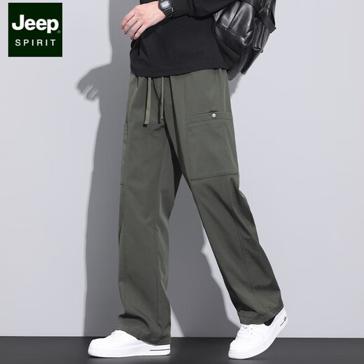 JEEP SPIRIT美式潮牌工装裤子男宽松直筒伞兵裤2025夏季薄款运动冲锋休闲长裤 9856-军绿色 M 【商家】90~110斤