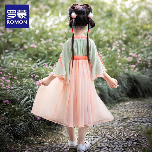 罗蒙女童汉服儿童唐装中国风小女孩古装襦裙夏季款连衣裙毕业演出服 绿橘粉襦裙 HQ1129 140