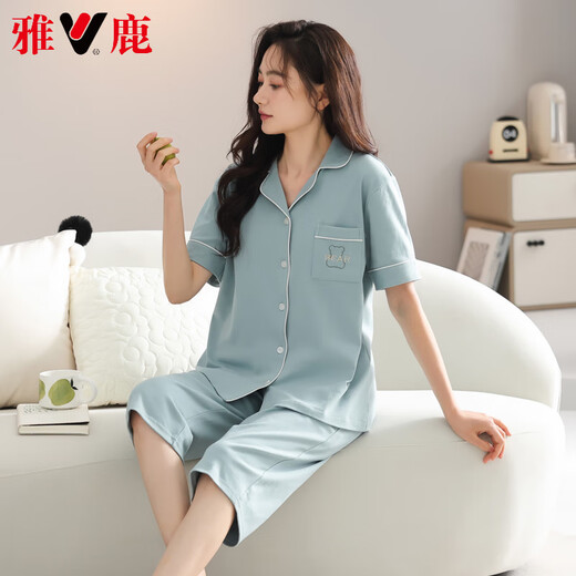 
Yalu Light Luxury New Pajamas for Women in Summer Thin Pure Cotton Short Sleeve Cropped Pants Home Clothing Women's Summer Outdoor Set 9898 3XL [160-180Jin [Jin equals 0.5 kg]]