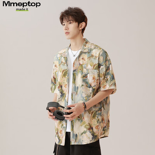 MMOPTOP THAI RETRO Floral Hemd Sommermänner Ice Seide Kühle atmungsaktive kurzärmelige Top MCS16 Sabah Aprikose L.